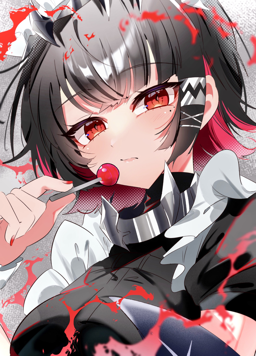 1girl absurdres black_dress black_hair blush breasts candy collar colored_inner_hair dress ellen_joe food highres holding holding_candy holding_food holding_lollipop large_breasts lollipop looking_at_viewer maid maid_headdress medium_hair mole mole_under_eye multicolored_hair ponkotsu_(6zwhb) portrait red_eyes red_hair solo spiked_collar spikes zenless_zone_zero