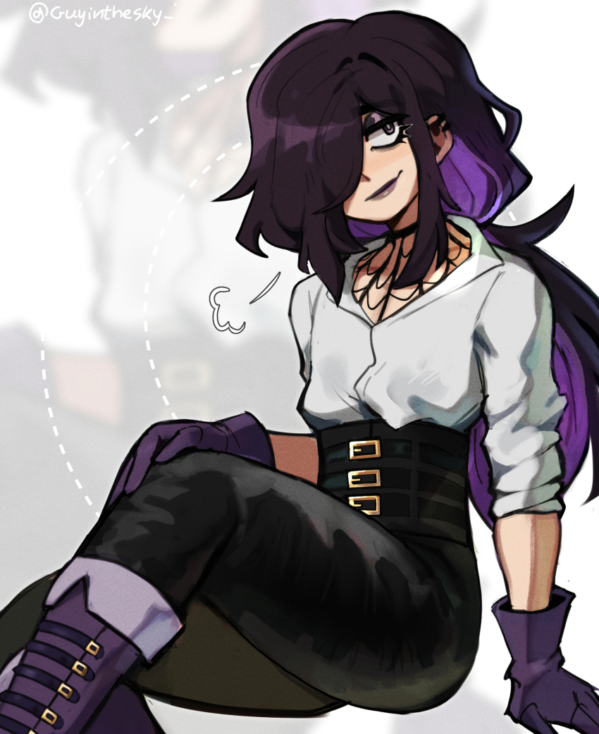 1boy black_hair boots closed_mouth gloves hair_over_one_eye highres long_hair multicolored_hair pirate_costume puff_of_air purple_boots purple_eyes purple_gloves roland_(ms_pigtails) sitting sky_guy_art solo trap two-tone_hair