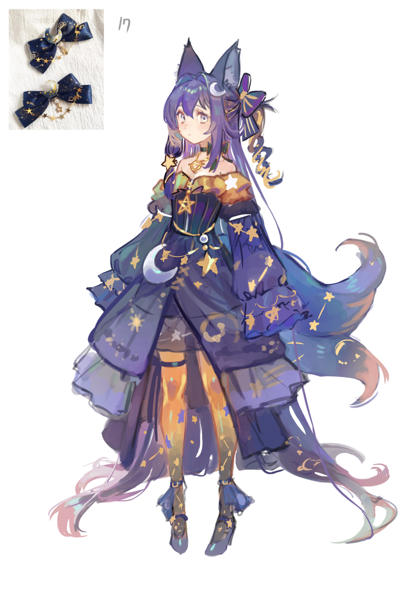 1girl absurdly_long_hair absurdres animal_ears arms_at_sides asymmetrical_sidelocks bare_shoulders black_choker black_pantyhose bow bow_choker choker closed_mouth crescent crescent_hair_ornament double-parted_bangs dress expressionless flat_chest fox_ears fox_girl fox_tail full_body gradient_pantyhose grey_eyes grey_shoes hair_bow hair_ornament high-low_dress highres layered_dress long_hair looking_at_viewer low-tied_sidelocks mary_janes multiple_tails one_side_up orange_pantyhose orange_tail original pantyhose pendant_choker photo_inset print_dress print_pantyhose purple_bow purple_dress purple_hair purple_tail shoes sidelocks simple_background sleeves_past_fingers sleeves_past_wrists solo standing star_(symbol) star_hair_ornament star_print straight_hair strapless strapless_dress tail toga_(toganawa) two-tone_pantyhose two_tails unfinished very_long_hair white_background
