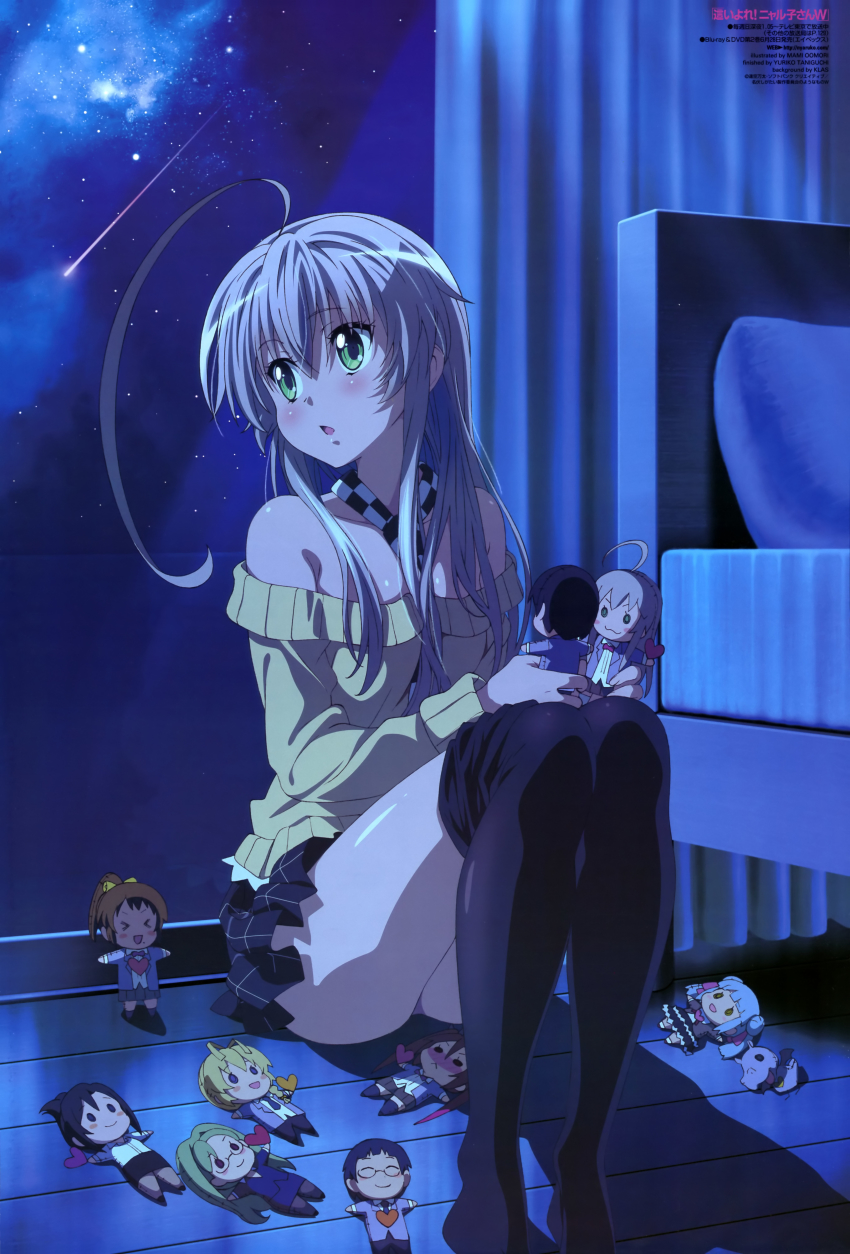 1girl :o absurdres ahoge bed bed_sheet blush character_doll chibi crease cthugha_(nyaruko-san) doll everyone ghutatan_(nyaruko-san) green_eyes haiyore!_nyaruko-san hastur_(nyaruko-san) heart highres huge_ahoge indoors knees_up kurei_tamao legs long_hair long_legs looking_to_the_side newtype night night_sky nyarlathotep_(nyaruko-san) official_art oomori_mami open_mouth pillow room scan shantak_(nyaruko-san) shooting_star sidelocks silver_hair sitting sky star_(sky) starry_sky yasaka_mahiro yasaka_yoriko yoichi_takehiko