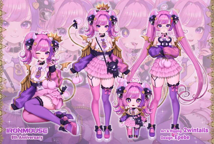 1girl 2wintails ahoge asymmetrical_legwear blush breasts chibi cleavage_cutout closed_mouth clothing_cutout ebepe frilled_skirt frills full_body glasses hair_ornament highres horns indie_virtual_youtuber ironmouse long_hair looking_at_viewer lying medium_breasts miniskirt mismatched_legwear mismatched_shoes multicolored_hair necktie off_shoulder official_alternate_costume official_art on_side one_eye_closed pink_hair pink_thighhighs purple_eyes purple_hair purple_necktie purple_thighhighs sitting skirt sleeves_past_wrists smile standing thighhighs thighs twintails two-tone_hair virtual_youtuber wink zoom_layer