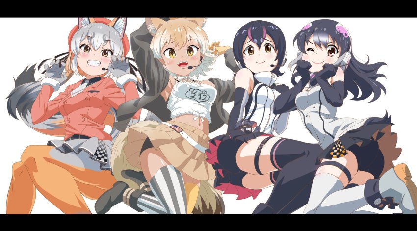 1girl 4girls african_penguin_(kemono_friends) american_flag animal_ears asymmetrical_legwear bare_shoulders beige_skirt belt bike_shorts_under_skirt black_gloves black_hair black_jacket black_pantyhose black_shirt black_skirt blonde_hair blush choker claw_pose collared_shirt commentary_request coyote_(kemono_friends) elbow_gloves extra_ears fox_ears fox_girl fox_tail fur_trim garter_straps gloves grey_gloves grey_hair grey_skirt grey_thighhighs headphones high_collar highres humboldt_penguin_(kemono_friends) island_fox_(kemono_friends) jacket kemono_friends kemono_friends_v_project long_sleeves looking_at_viewer microphone midriff multicolored_hair multiple_girls navel necktie official_alternate_costume one_eye_closed open_clothes open_jacket orange_hair orange_jacket orange_pantyhose pantyhose penguin_girl penguin_tail pink_hair pleated_skirt purple_hair shirt short_hair skirt sleeveless spaghetti_strap streaked_hair striped_clothes striped_thighhighs sweater tail thighhighs twintails two-tone_hair two-tone_legwear vertical-striped_clothes vertical-striped_thighhighs virtual_youtuber white_belt white_choker white_fur white_hair white_necktie white_shirt white_sweater white_thighhighs wolf_ears wolf_tail yamaguchi_yoshimi yellow_eyes yellow_thighhighs zettai_ryouiki