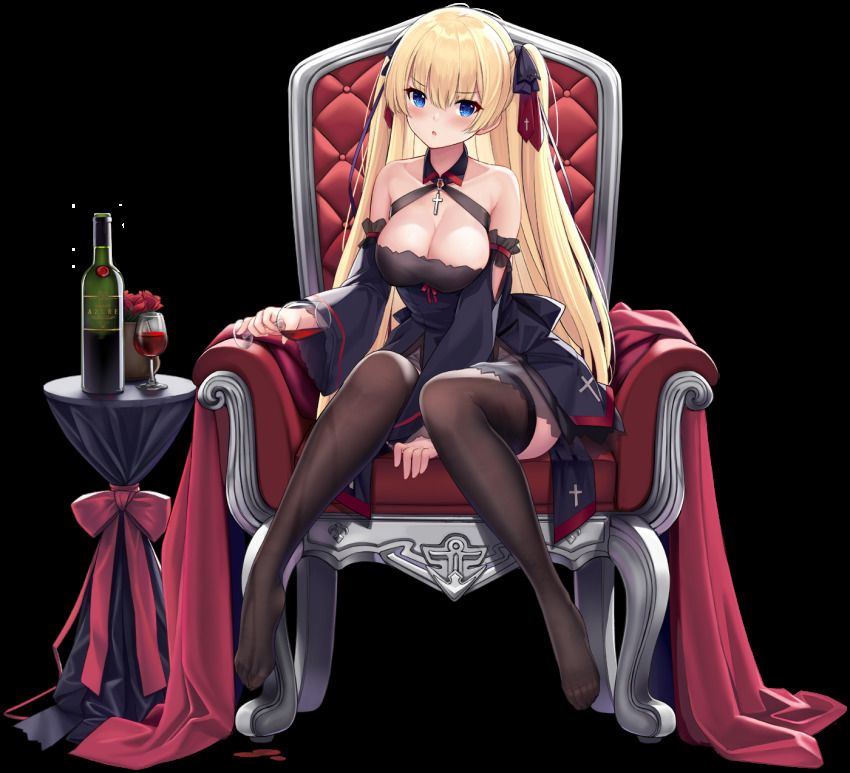 1girl alcohol allenes armchair azur_lane bare_shoulders black_dress black_thighhighs blonde_hair blue_eyes blush bottle breasts chair closed_mouth commentary_request cross cup detached_sleeves dress drinking_glass feet flower full_body gradient_background hair_between_eyes hair_ribbon highres jewelry large_breasts long_hair looking_at_viewer multiple_views official_alternate_costume official_art one_eye_closed open_mouth red_flower red_ribbon red_rose red_wine ribbon rose royal_navy_emblem_(azur_lane) sitting smile sussex_(azur_lane) sussex_(wine_and_red_roses)_(azue_lane) sussex_(wine_and_red_roses)_(azur_lane) table thighhighs transparent_background wide_sleeves wine wine_glass