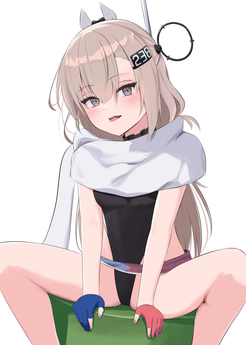 1girl absurdres asymmetrical_gloves belt black_one-piece_swimsuit feet_out_of_frame gloves grey_eyes grey_hair hair_ornament hairclip headgear highleg highleg_one-piece_swimsuit highres kantai_collection l_meet long_hair mismatched_gloves one-piece_swimsuit partially_fingerless_gloves profanity scarf simple_background sitting solo swimsuit wahoo_(kancolle) white_background