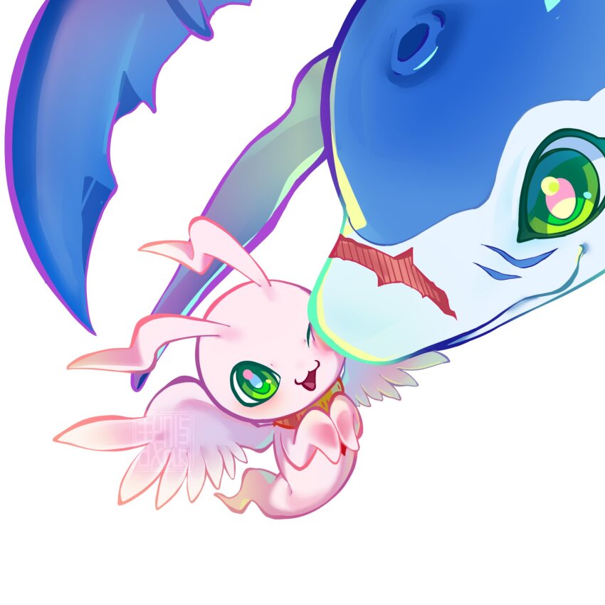angel blue_skin close-up colored_skin digimon digimon_(creature) dolphin fins full_body green_eyes highres marinangemon no_humans nuzzle pink_skin rukamon scar scar_on_face simple_background white_background youzaiyouzai112