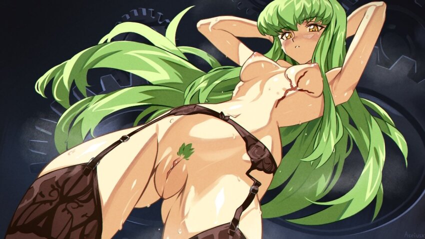1girl armpits aseiusx black_garter_belt black_garter_straps blush breasts c.c. code_geass commentary english_commentary female_pubic_hair garter_belt garter_straps green_hair long_hair medium_breasts navel nipples orange_eyes parted_lips pubic_hair pussy scar scar_on_chest solo stomach sweat thighs topless_female
