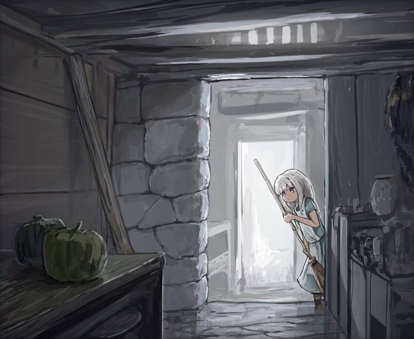 1girl 4xp3u apron blue_dress broom doorway dress holding holding_broom indoors long_hair maid original peeking_out pumpkin purple_eyes reflective_floor short_sleeves solo stone_floor stone_wall table wall white_hair wooden_beam wooden_wall