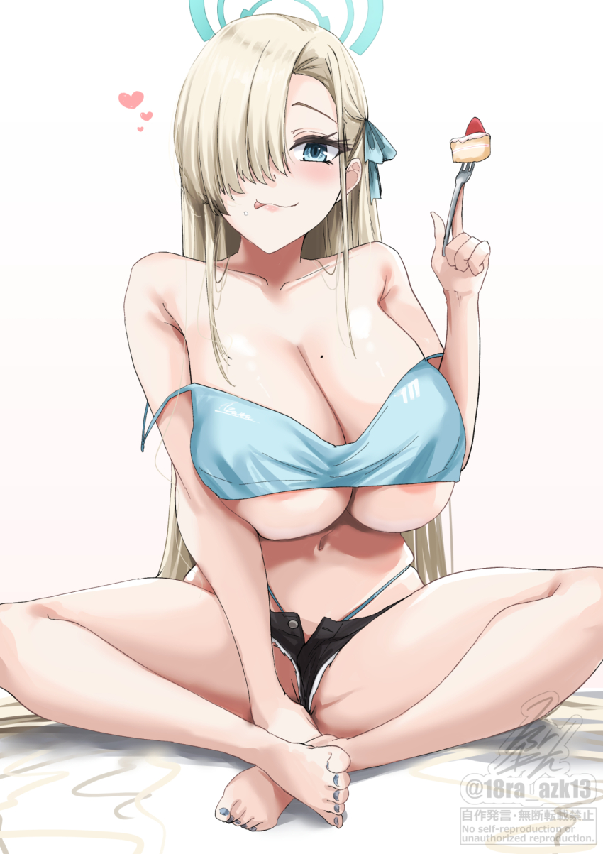 1girl alternate_costume aqua_camisole aqua_eyes aqua_panties aqua_ribbon areola_slip artist_name asuna_(blue_archive) asymmetrical_bangs bare_arms bare_legs bare_shoulders barefoot black_shorts blonde_hair blue_archive blue_halo blue_nails breasts cake camisole cleavage collarbone commentary crop_top eating food food_on_face fork hair_over_one_eye hair_ribbon halo hand_up heart highres holding holding_fork huge_breasts ibara_azuki indian_style licking_lips light_blush long_hair looking_at_viewer micro_shorts mole mole_on_breast navel off_shoulder one_eye_covered open_fly panties panty_straps ribbon shorts simple_background sitting smile solo spaghetti_strap stomach strawberry_shortcake toenails tongue tongue_out twitter_username underboob underwear very_long_hair watermark white_background