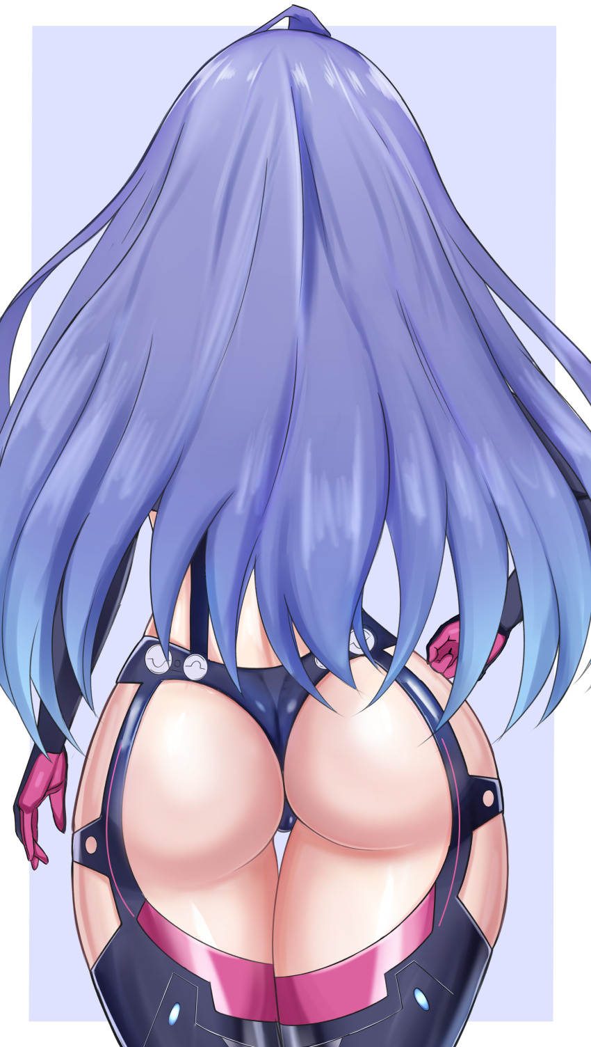 1girl absurdres ass ass_focus blue_hair cameltoe choujigen_game_neptune compile_heart from_behind garter_belt gloves highres idea_factory iris_heart_(neptunia) kami_jigen_game_neptune_v long_hair neptune_(series) solo standing stiris_rangetsu thighhighs thong very_long_hair