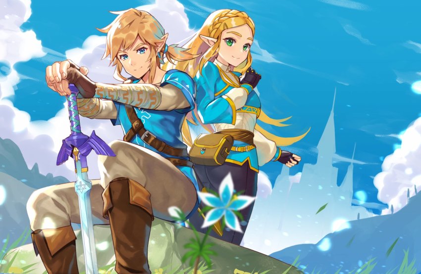 1boy 1girl ass bashikou blonde_hair blue_eyes breasts closed_mouth earrings gloves green_eyes hair_ornament highres jewelry link long_hair looking_at_viewer nintendo pointy_ears princess_zelda smile sword the_legend_of_zelda the_legend_of_zelda:_breath_of_the_wild weapon