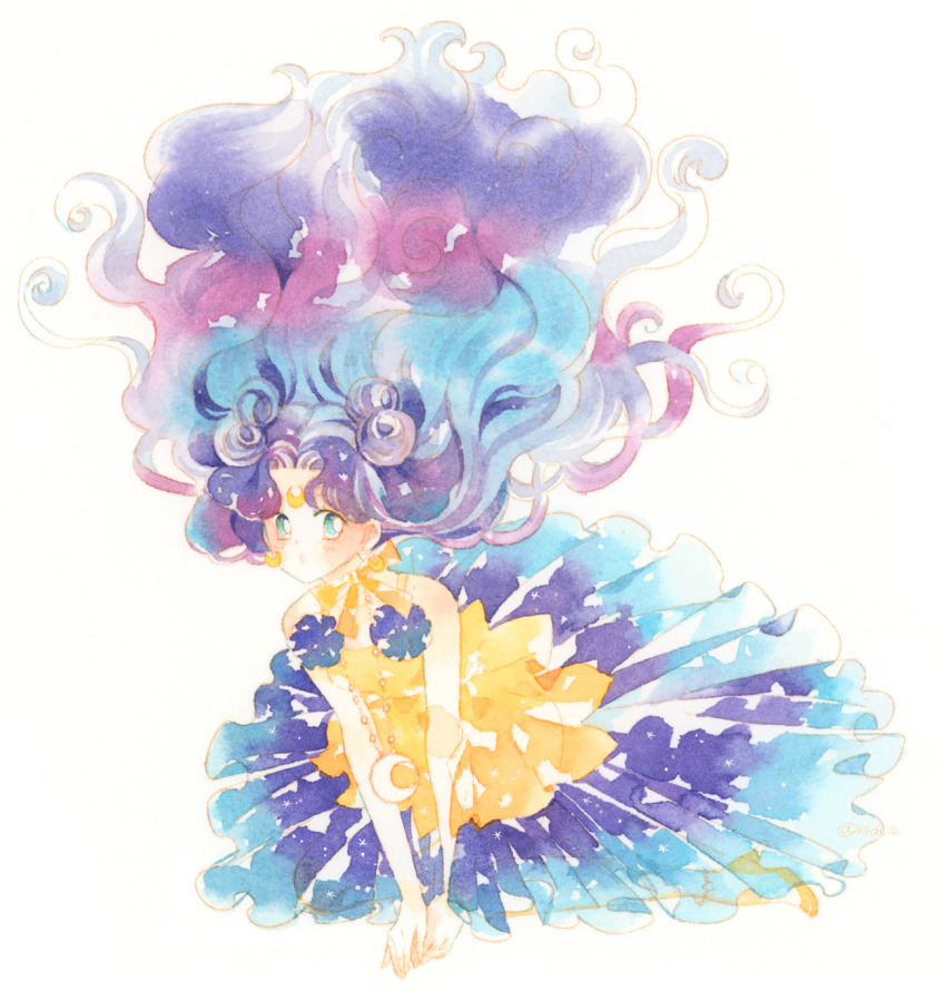 1girl aqua_eyes bishoujo_senshi_sailor_moon blue_hair closed_mouth commentary_request crescent crescent_earrings crescent_facial_mark curly_hair curtained_hair dress earrings facial_mark floating_hair forehead_mark high_heels highres jewelry long_hair luna_(sailor_moon) luna_(sailor_moon)_(human) own_hands_together parted_bangs quad_buns shoes sleeveless sleeveless_dress solo very_long_hair white_background yellow_dress yellow_shoes yoshida_haruyuki