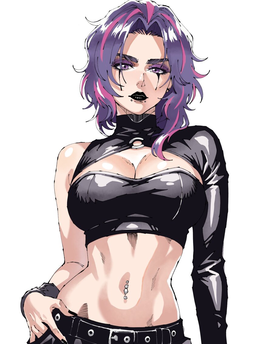 1girl absurdres belt black_belt black_lips black_nails black_shrug black_tube_top boku_no_hero_academia breasts cleavage commentary english_commentary eyeshadow highres lady_nagant large_breasts looking_at_viewer lorna12155671 makeup navel_piercing piercing pink_streaks purple_eyes purple_eyeshadow purple_hair shrug_(clothing) simple_background snakebite_(piercing) solo strapless tube_top white_background