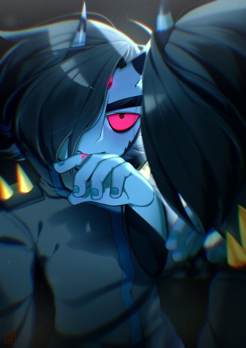 1boy black_eyeliner blood blood_on_hands blue_skin blue_theme colored_sclera colored_skin commentary demon_boy demon_horns existenc3 eyeliner finger_to_mouth forehead_jewel gem hair_over_one_eye hand_up highres horns jacket looking_at_mirror looking_at_reflection makeup male_focus matthew_patel mirror red_gemstone red_sclera reflection scott_pilgrim_(series) scott_pilgrim_takes_off shirt short_hair smile solo spiked_shoulder_pads spikes striped_horns turtleneck turtleneck_jacket upper_body