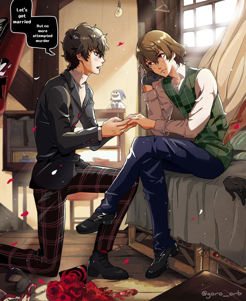 2boys akechi_gorou amamiya_ren bedroom black_eyes black_hair blazer blush bouquet brown_hair calling_card closed_mouth collared_shirt commentary crossed_legs english_commentary english_text facing_another flower full_body gloves goro_orb hair_between_eyes highres holding_hands jack_frost_(megami_tensei) jacket jewelry kneeling light_particles light_rays looking_at_another male_focus marriage_proposal multiple_boys on_bed on_one_knee persona persona_5 persona_5_the_royal red_eyes red_flower red_rose ring rose school_uniform shirt short_hair shuujin_academy_school_uniform single_glove sitting speech_bubble sweatdrop sweater_vest twitter_username unworn_gloves window yaoi