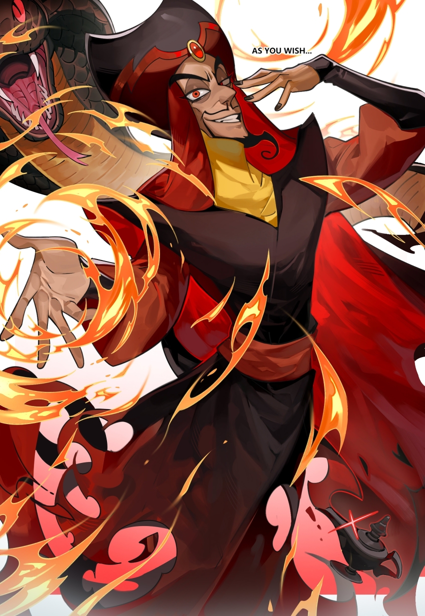 1boy absurdres aladdin_(movie) amykem beard black_nails black_robe cape english_text evil_smile facial_hair fire goatee grin hands_up highres jafar male_focus mustache oil_lamp outstretched_hand pyrokinesis red_cape red_eyes robe smile snake teeth turban upper_body v-shaped_eyebrows white_background