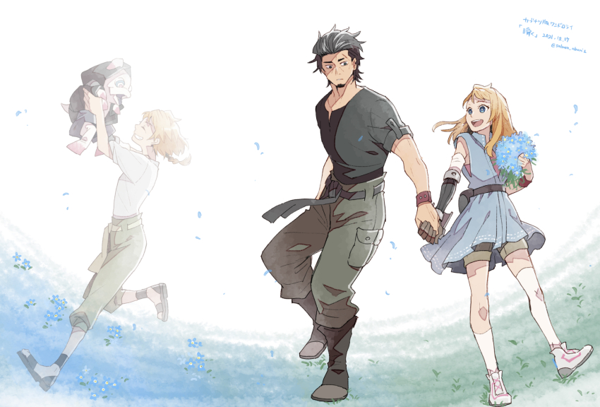 1boy 1girl animal asymmetrical_legwear black_hair black_shirt blue_dress blue_eyes bouquet braid braided_ponytail brown_bracelet dated decadence_(anime) dress facial_hair flower goatee green_pants grin highres holding holding_animal holding_bouquet holding_hands hood kaburagi_(decadence) long_hair mismatched_legwear multiple_views natsume_(decadence) pants pipe_(decadence) pocket ponytail prosthesis prosthetic_arm salmon_aburi1 sandals shirt shoes short_ponytail short_sleeves smile socks twitter_username white_footwear white_socks