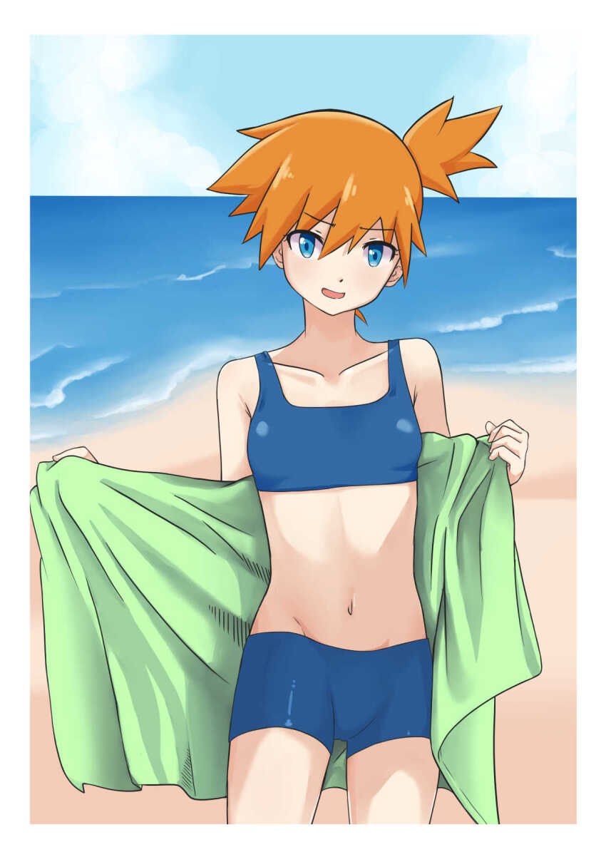 1girl bikini blendinglight blue_bikini blue_eyes border breasts cloud collarbone cowboy_shot creatures_(company) day game_freak hair_between_eyes highres holding holding_towel looking_at_viewer misty_(pokemon) mixed-language_commentary navel nintendo one_side_up open_mouth orange_hair outdoors pokemon pokemon_frlg sand shore sky smile solo swimsuit towel water white_border