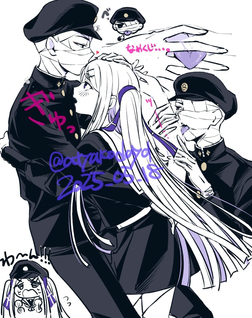 1boy 1girl atyakodayo1 bandaged_head bandages black_serafuku blush chibi chibi_inset colored_tongue commentary_request crying gakuran gakuseibou geminism hair_ribbon hat headpat heart highres hirosoma_kikyou hug jacket kiss kissing_forehead licking_another&#039;s_arm long_hair long_sleeves looking_at_another midriff_peek multiple_views one_eye_covered open_mouth pants purple_eyes purple_ribbon purple_tongue ribbon saliva_on_hand school_uniform serafuku shirt simple_background skirt tongue_between_fingers translation_request two_side_up white_hair yamaga_awasumi