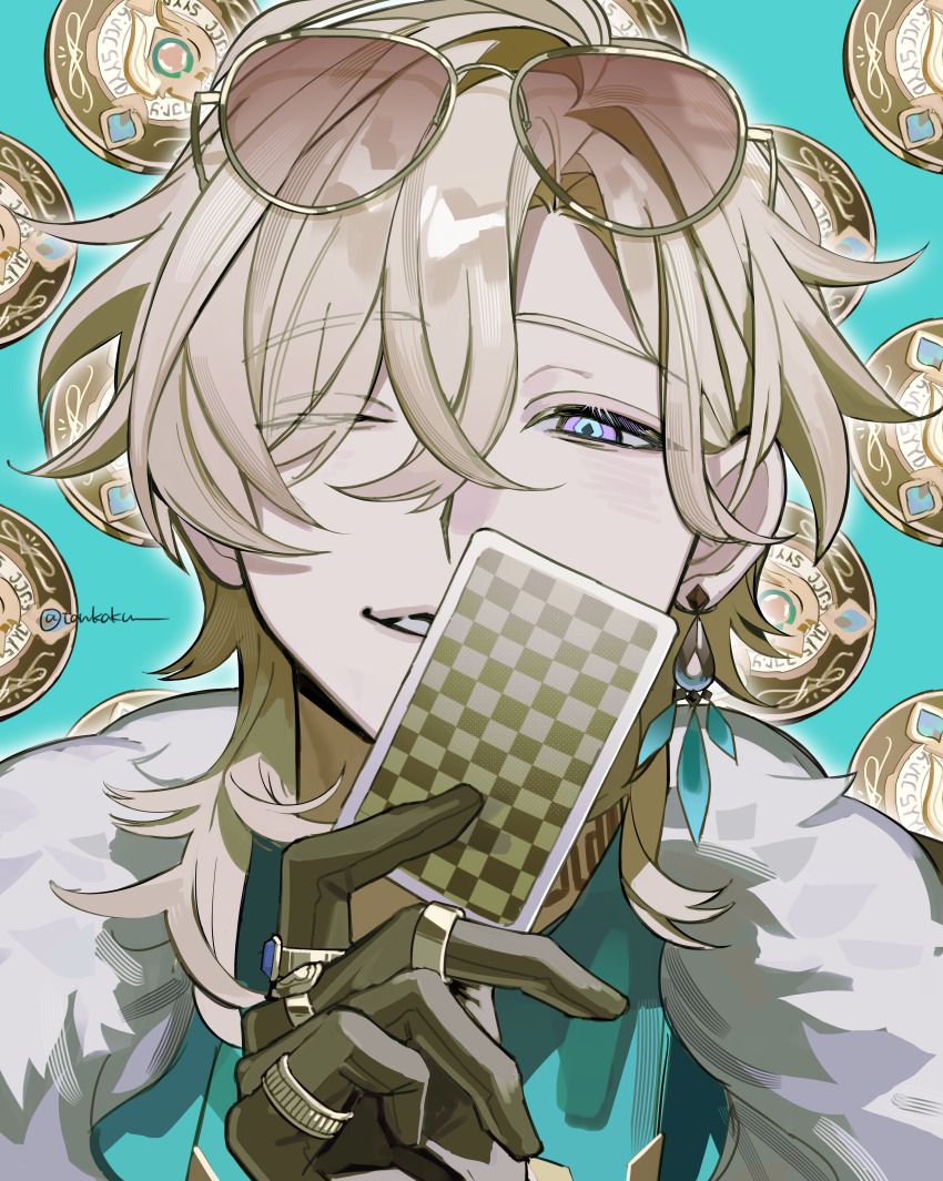 1boy absurdres aqua_shirt aventurine_(honkai:_star_rail) black_gloves blonde_hair card collared_shirt commentary_request earrings eyewear_on_head fur_trim glasses gloves hair_between_eyes highres holding holding_card honkai:_star_rail honkai_(series) jewelry looking_at_viewer male_focus one_eye_closed playing_card ring shirt short_hair smile solo tankaku