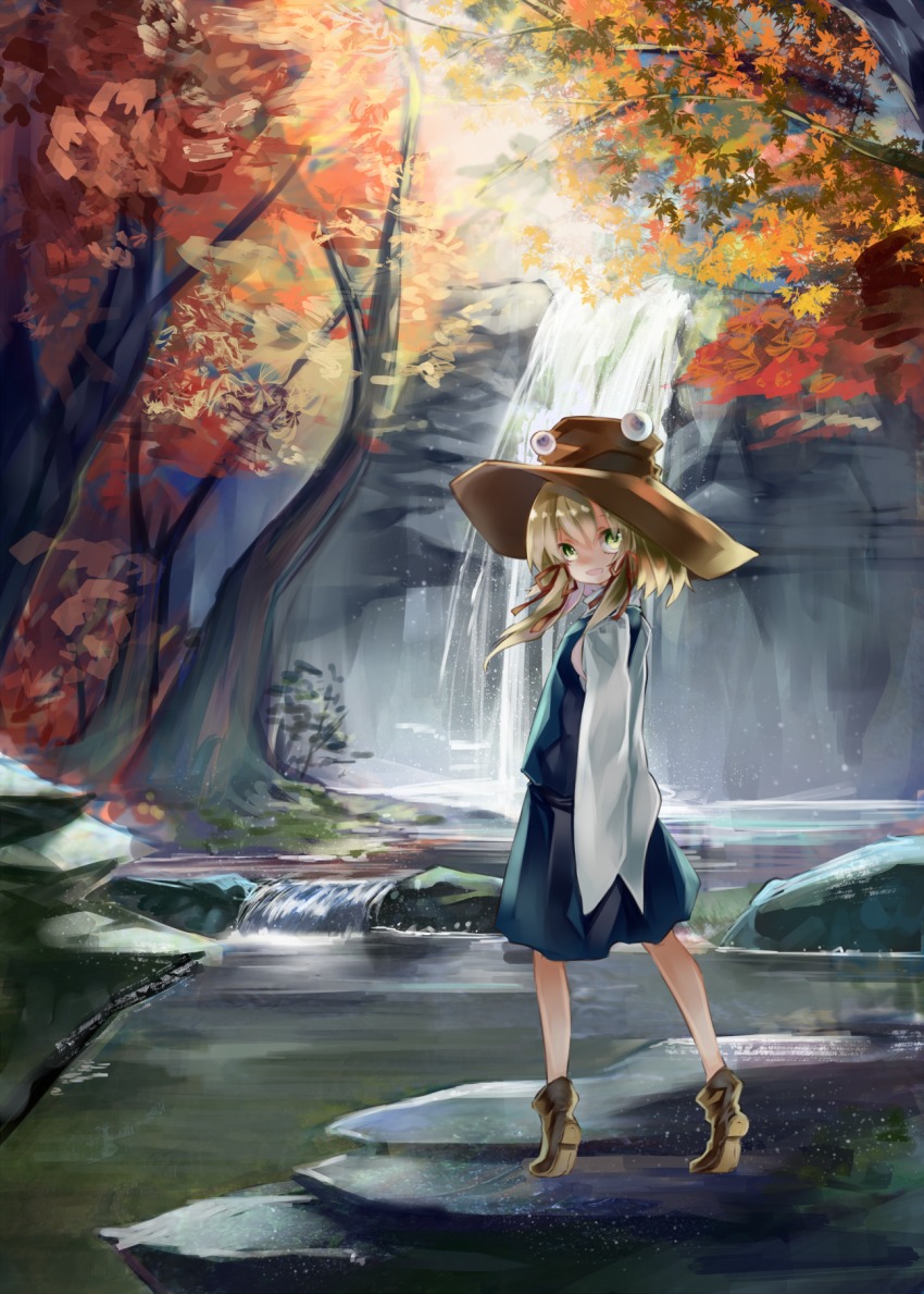 1girl autumn_leaves black_skirt blonde_hair day detached_sleeves female_focus full_body hair_ribbon hat highres leaf looking_at_viewer moriya_suwako outdoors red_ribbon ribbon sidelocks skirt skirt_set sleeves_past_wrists smile solo standing syukou touhou tree tress_ribbon vest water waterfall wide_sleeves yellow_eyes