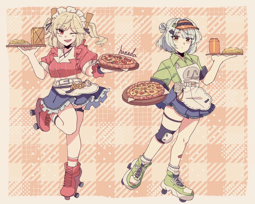 2girls anby_demara anby_demara_(operation_yum_2025) apron black_choker black_skirt blonde_hair breasts burnice_white burnice_white_(operation_yum_2025) choker collared_shirt food full_body green_shirt hanada_(cobalt003) highres holding holding_food looking_at_viewer maid_headdress medium_breasts multiple_girls official_alternate_costume one_eye_closed orange_eyes orange_shirt pizza shirt skirt smile standing standing_on_one_leg striped_clothes striped_shirt thigh_strap twintails vertical-striped_clothes vertical-striped_shirt visor_cap white_apron white_hair zenless_zone_zero