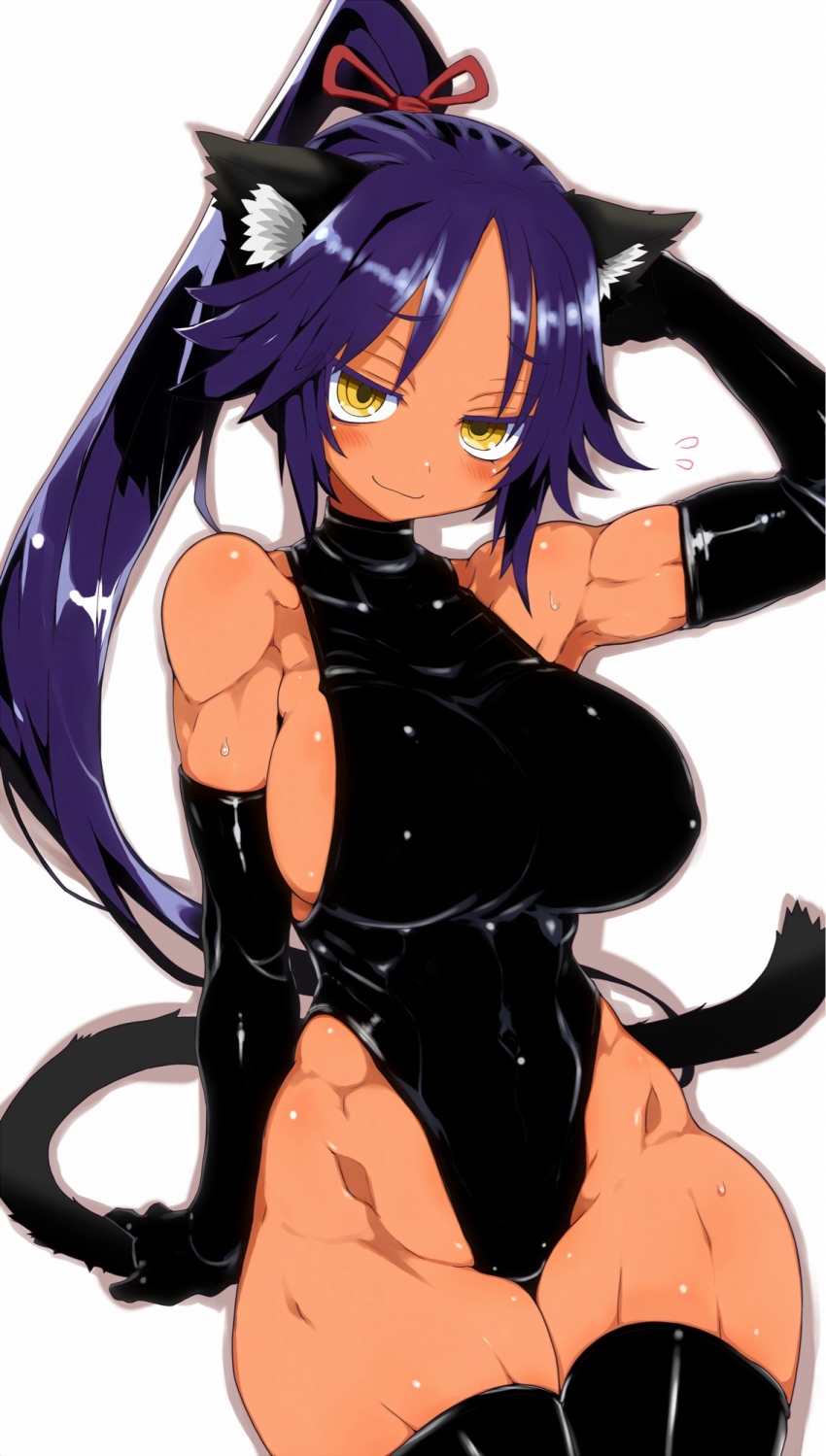 1girl animal_ears arm_behind_head armpits black_gloves black_leotard black_thighhighs bleach blush breasts cat_ears cat_girl closed_mouth elbow_gloves flying_sweatdrops gloves highleg highleg_leotard highres large_breasts leotard looking_at_viewer ponytail purple_hair shihouin_yoruichi simple_background smile solo sweat thighhighs toned toned_female tsukinoha_mio white_background yellow_eyes
