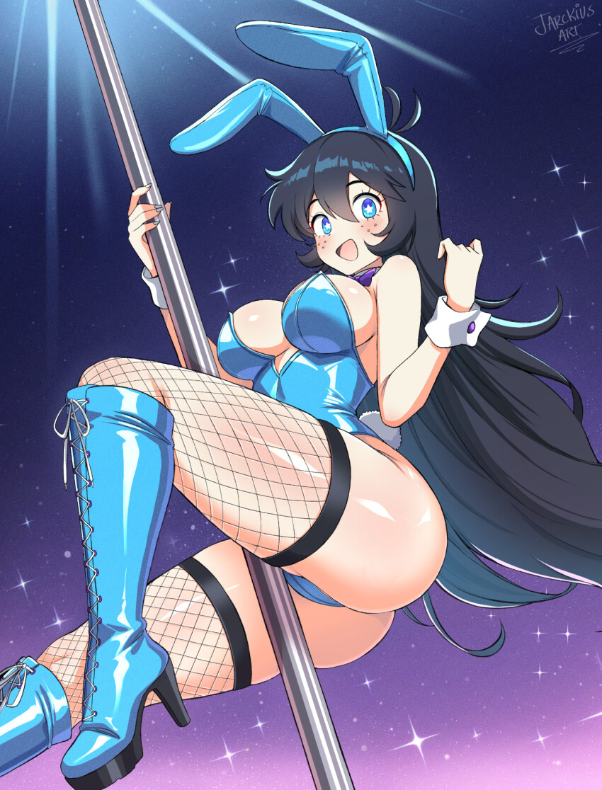 1girl animal_ear_hairband animal_ears black_hair blue_boots blue_eyes boots bow bowtie breasts commentary detached_collar english_commentary fake_animal_ears fishnet_thighhighs fishnets freckles from_below hairband highres jarckius lace-up_boots large_breasts leotard original playboy_bunny pole pole_dancing purple_bow purple_bowtie rabbit_ears rabbit_tail solo strapless strapless_leotard stripper_pole tail thighhighs wrist_cuffs
