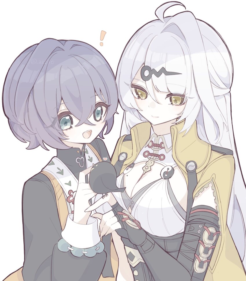2girls absurdres ahoge belle_(delicate_sunlight)_(zenless_zone_zero) belle_(zenless_zone_zero) bird black_bird black_shirt breasts cleavage dress_over_shirt elbow_gloves gloves green_eyes hair_between_eyes hair_ornament highres jacket large_breasts letter_hair_ornament long_hair mole mole_on_chest multiple_girls official_alternate_costume shirt short_hair single_elbow_glove single_hair_intake smile upper_body white_background yellow_jacket yin_yang_pin yixuan_(zenless_zone_zero) zenless_zone_zero zzzii0