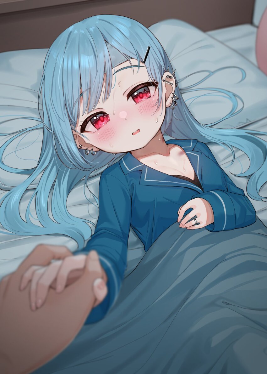 1boy 1girl bed blonde_hair blue_hair blue_pajamas blue_shirt breasts collarbone collared_shirt commentary_request dress_shirt hair_ornament hairclip highres holding_hands jewelry kanae_(tsukiman) long_hair long_sleeves looking_at_viewer original pajamas parted_lips pillow red_eyes ring shirt sick sleeves_past_wrists small_breasts sweat tsukiman under_covers very_long_hair