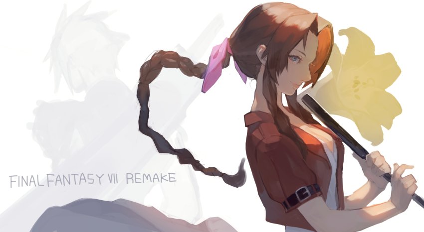 1boy 1girl absurdres aerith_gainsborough armor blue_eyes blurry blurry_background braid breasts brown_eyes brown_hair cleavage cloud_strife cropped_jacket dress facing_away facing_to_the_side final_fantasy final_fantasy_vii final_fantasy_vii_remake flower hair_ribbon highres holding holding_staff jacket long_dress long_hair medium_breasts parted_bangs pink_dress pink_ribbon red_jacket ribbon short_sleeves shoulder_armor sidelocks smile spiked_hair staff uedrk_yamato upper_body weapon weapon_on_back white_background yellow_flower