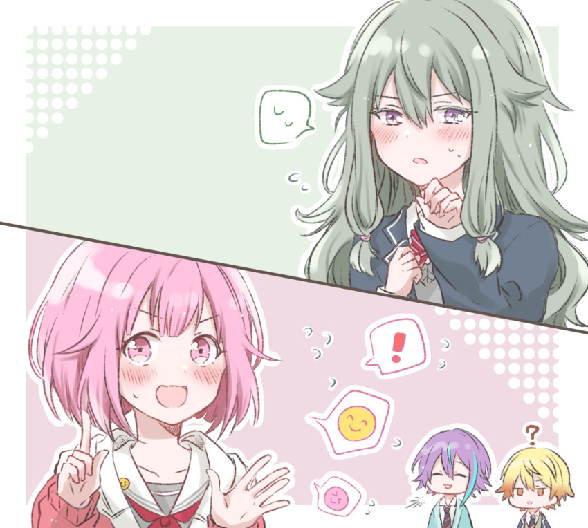 ! 2boys 2girls ? asymmetrical_bangs blazer blonde_hair blue_hair blush bow bowtie cardigan closed_eyes commentary_request flying_sweatdrops green_hair hair_flaps index_finger_raised jacket kaku3561 kamishiro_rui kusanagi_nene long_hair long_sleeves multicolored_hair multiple_boys multiple_girls necktie ootori_emu open_mouth orange_hair pink_background pink_hair project_sekai purple_eyes purple_hair school_uniform serafuku short_hair smile smiley_face spoken_exclamation_mark spoken_smile spoken_sweatdrop streaked_hair sweat sweatdrop tenma_tsukasa wonderlands_x_showtime_(project_sekai)