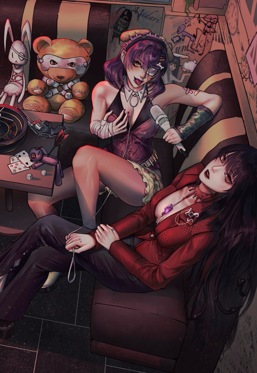 2girls absurdres animal_ear_hairband animal_ears arrow_(projectile) bandaged_hand bandages bandaid bandaid_on_arm black_hair black_lips black_pants bone_hair_ornament breasts card dice dog_ear_hairband ear_piercing eyepatch face_piercing fake_animal_ears finger_piercing four_of_spades gun hair_ornament hairband hairclip hand_on_own_chest handgun heart highres holding holding_microphone ikishima_midari jabami_yumeko jacket kakegurui leash lip_piercing microphone miseqi multiple_girls orange_eyes pants piercing plankton_(spongebob) playing_card purple_hair purple_nails red_eyes red_jacket revolver roulette_table seven_of_diamonds sitting skirt spiked_hairband spikes spongebob_squarepants_(series) stuffed_animal stuffed_rabbit stuffed_toy table teddy_bear thumb_ring tongue tongue_out tongue_piercing weapon