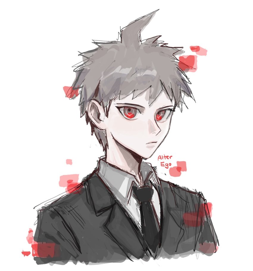 1boy akiko_141 black_jacket black_necktie brown_hair char closed_mouth collared_shirt danganronpa_(series) danganronpa_2:_goodbye_despair formal_clothes highres hinata_hajime jacket looking_at_viewer male_focus necktie portrait red_eyes shirt short_hair simple_background sketch solo spiked_hair spoilers super_danganronpa_2.5:_komaeda_nagito_to_sekai_no_hakaimono upper_body white_background white_shirt wing_collar