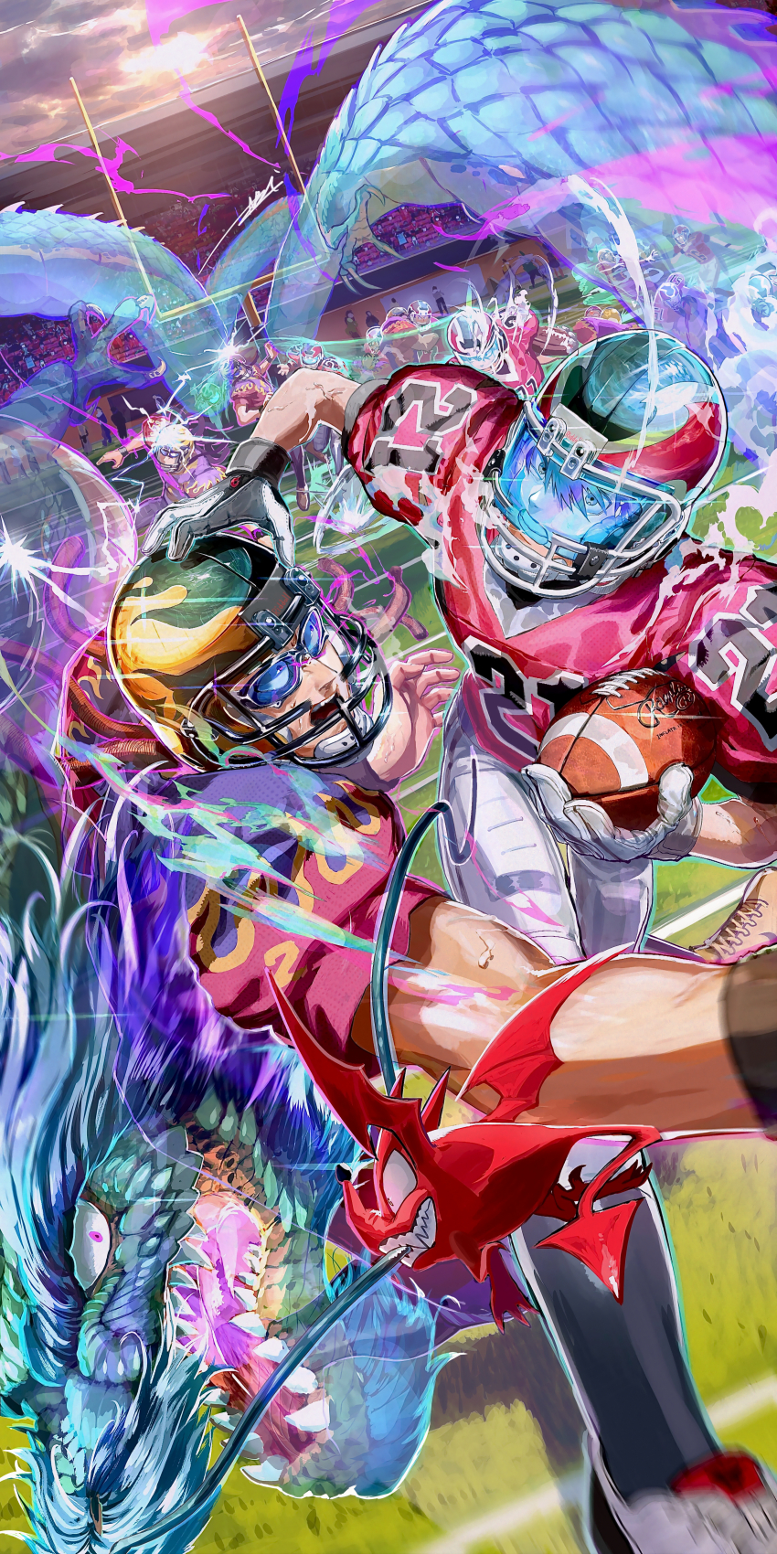 6+boys absurdres afterimage american_football american_football_(object) american_football_helmet american_football_uniform aura ball bat_(animal) battle biting_another black_gloves black_helmet black_shirt blue_visor brown_footwear brown_hair claws clenched_teeth cloud cloudy_sky colorful crowd demon_tail dragon dreadlocks eastern_dragon electricity eyeshield_21 flame_print foreshortening gloves glowing goal goggles_on_eyes grass helmet highres holding holding_ball horns jersey kobayakawa_sena kongou_agon long_hair male_focus mascot monster multiple_boys muscular muscular_male number_print open_mouth ossan_zabi_190 outdoors pants playing_sports reaching reaching_towards_another red_helmet red_shirt running_towards_viewer shirt shoes short_hair short_sleeves sky sneakers sportswear stadium steaming_body sunglasses sunlight sweat tail teeth tinted_eyewear tongue two-tone_gloves two-tone_helmet white_footwear white_gloves white_pants wristband yellow_helmet