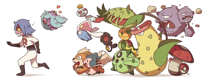1boy ^_^ ^o^ amoonguss cacnea carnivine chasing chimecho closed_eyes fleeing gen_1_pokemon gen_3_pokemon gen_4_pokemon gen_5_pokemon gen_6_pokemon gen_7_pokemon growlithe happy heart inkay james_(pokemon) jumping mareanie mime_jr. nintendo pokemon pokemon_(anime) pokemon_(creature) pokemon_sm_(anime) running simple_background smile ssalbulre sweatdrop team_rocket victreebel weezing white_background yamask