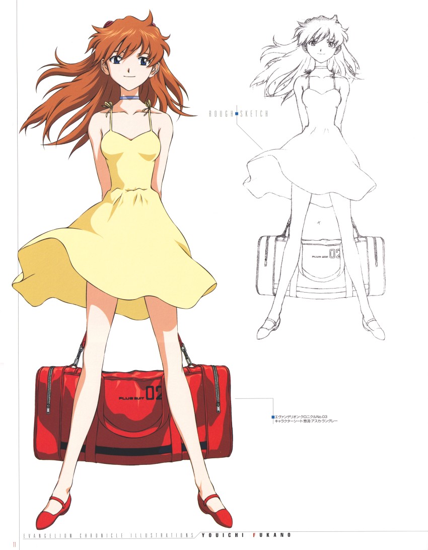 1girl absurdres arms_behind_back artbook bare_legs bare_shoulders blue_eyes breasts choker dress female_focus full_body hair_between_eyes hair_ornament highres long_hair long_legs looking_at_viewer luggage multiple_views neon_genesis_evangelion official_art orange_hair page_number partially_colored scan shoes simple_background small_breasts smile souryuu_asuka_langley standing twintails white_background yellow_dress youichi_fukano