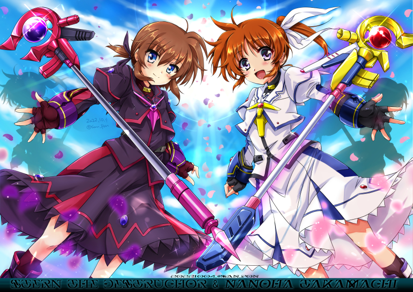 2girls absurdres artist_name black_dress black_gloves blue_eyes blush brown_gloves brown_hair closed_mouth dated dress fingerless_gloves gloves hair_ribbon highres looking_at_viewer luciferion lyrical_nanoha magical_girl mahou_shoujo_lyrical_nanoha_innocent multiple_girls open_mouth raising_heart raising_heart_(accel_mode)_(2nd) ribbon san-pon shiny_skin short_hair sky smile staff stern_the_destructor takamachi_nanoha takamachi_nanoha_(movie_1st_mode) white_dress