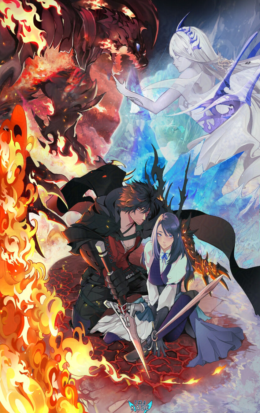1boy 1girl alternate_form black_hair blue_eyes claws clive_rosfield colored_skin commission detached_wings facial_hair final_fantasy final_fantasy_xvi fire floating_cape floating_hair frilled_skirt frills from_side greatsword grey_hair highres holding holding_sword holding_weapon ice ice_shard ifrit_(final_fantasy) jill_warrick kazekyou_tekito leather_belt looking_at_another looking_at_viewer monster puffy_sleeves rapier shiva_(final_fantasy) short_hair skirt sword transformation weapon white_hair wings