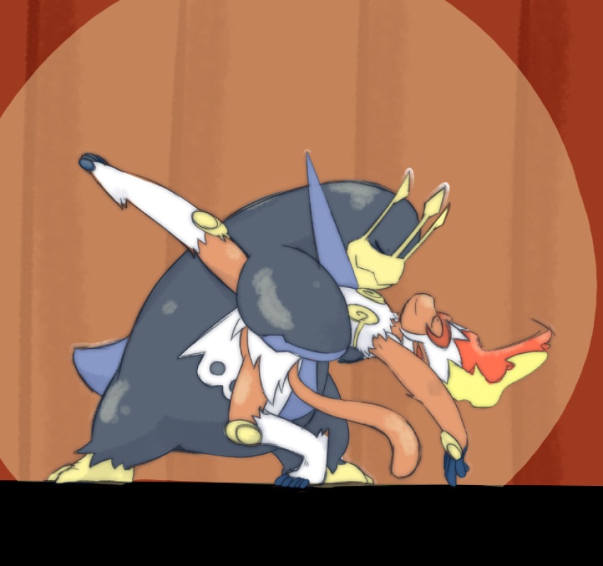 beak black_fur brown_fur dancing empoleon fire gen_4_pokemon highres infernape monkey_tail nintendo no_humans pokemon pokemon_(creature) pokemon_dppt smile spotlight tail tatu_wani webbed_feet white_fur