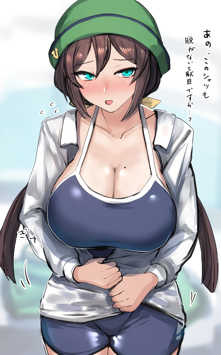 1girl absurdres blue_eyes blush breasts brown_hair cleavage collarbone cowboy_shot green_hat hat hayakawa_tazuna highres huge_breasts kanikama25 mole mole_on_breast one-piece_swimsuit school_uniform sidelocks solo swimsuit umamusume