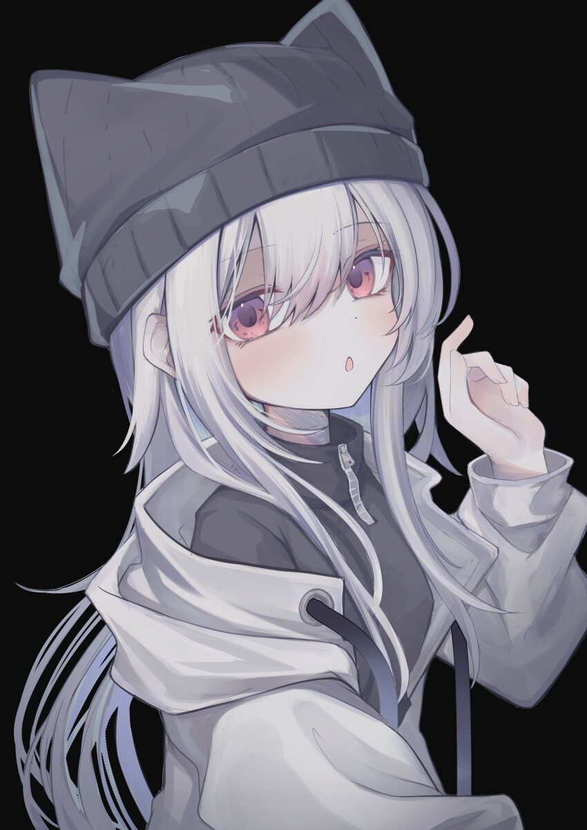 1girl absurdres animal_hat black_background black_hat blush commentary double-parted_bangs english_commentary grey_hoodie hair_between_eyes hand_up hat highres hood hood_down hoodie long_hair looking_at_viewer off_shoulder open_mouth original red_eyes solo su_ha_ya white_hair zipper