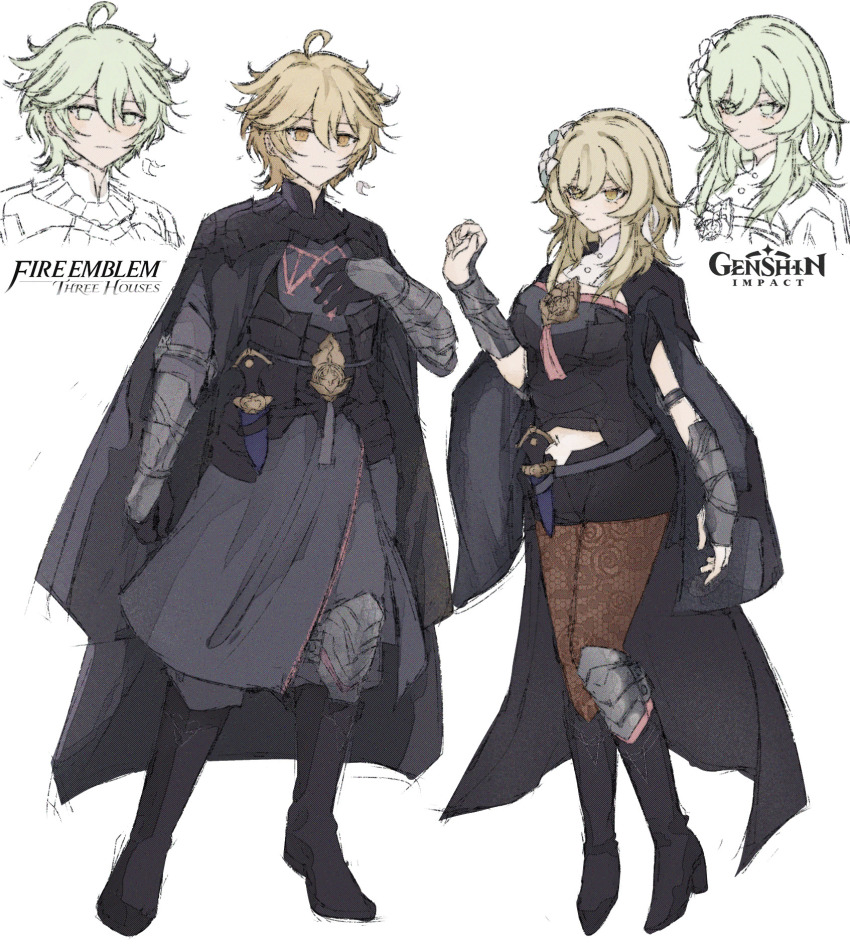 1boy 1girl aether_(genshin_impact) ahoge black_boots black_cape black_gloves blonde_hair boots breasts brother_and_sister brown_pantyhose cape clothing_cutout commentary copyright_logo copyright_name cosplay english_commentary female_byleth_(enlightened)_(fire_emblem) female_byleth_(fire_emblem) female_byleth_(fire_emblem)_(cosplay) fire_emblem fire_emblem:_three_houses full_body genshin_impact gloves green_eyes green_hair hair_between_eyes highres knee_boots lorinovashley lumine_(genshin_impact) male_byleth_(enlightened)_(fire_emblem) male_byleth_(fire_emblem) male_byleth_(fire_emblem)_(cosplay) medium_breasts medium_hair navel navel_cutout nintendo pantyhose pantyhose_under_shorts short_hair shorts siblings simple_background sketch standing voice_actor_connection white_background yellow_eyes zach_aguilar