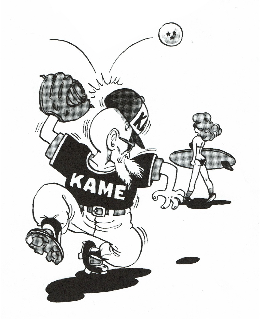 1boy 1girl absurdres arm_at_side ass back bald baseball_cap baseball_glove baseball_uniform beard belt bikini black_bikini black_footwear black_shirt breasts carrying carrying_under_arm character_name clenched_hand clothes_writing collarbone curly_hair dragon_ball dragon_ball_(object) emphasis_lines facial_hair fingernails full_body greyscale hand_up hat highres in_the_face long_hair looking_afar looking_at_another looking_back monochrome motion_lines muten_roushi pants profile shadow shirt shoes short_sleeves sideboob simple_background sneakers socks speed_lines sportswear standing standing_on_one_leg sunglasses surfboard swimsuit thrown toriyama_akira walking white_background