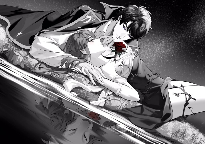 1boy 1girl bishounen blush breasts cleavage coat coat_on_shoulders commentary different_reflection dress dutch_angle gloves greyscale hetero highres holding_hands li_zeyan lion love_and_producer lying medium_breasts monochrome on_back on_stomach protagonist_(love_and_producer) purple_eyes reflection shinkaifuyuki smile spot_color strapless strapless_dress