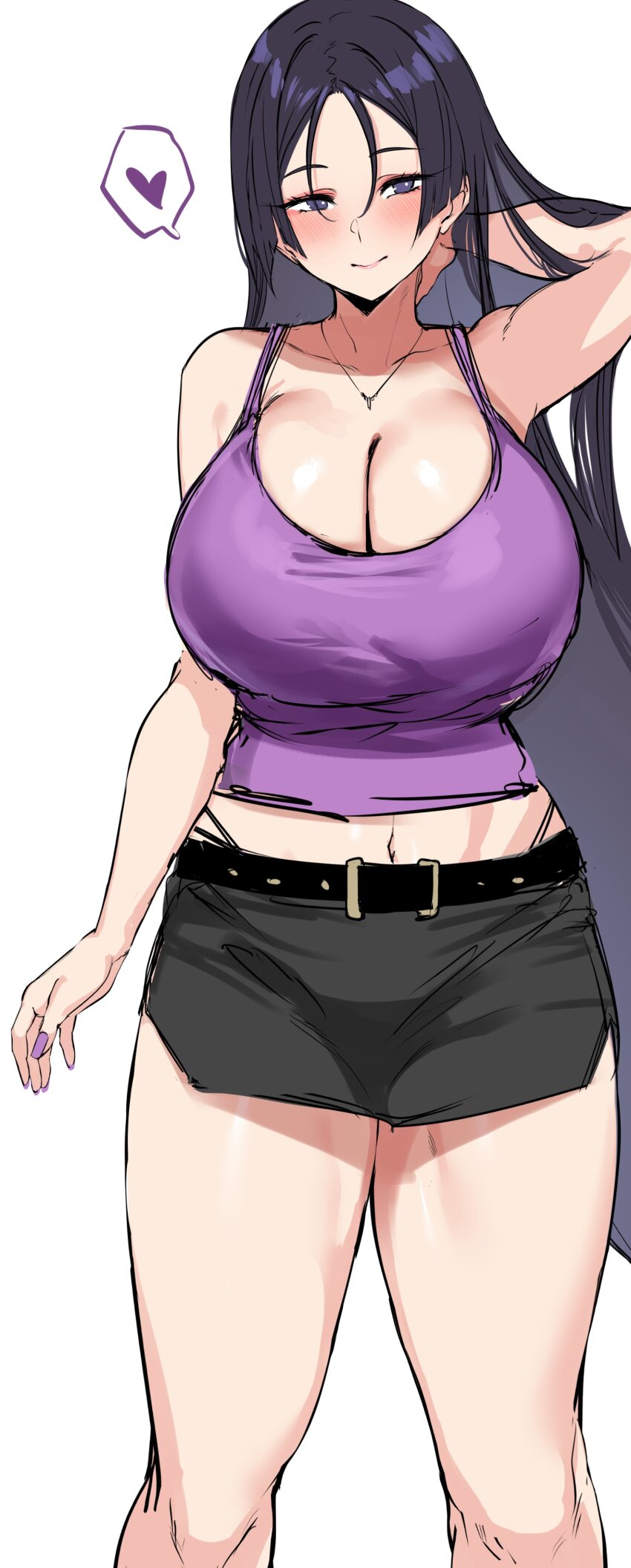 1girl absurdres agetama bare_shoulders belt black_shorts blush breasts camisole cleavage collarbone fate/grand_order fate_(series) highres jewelry large_breasts long_hair looking_at_viewer minamoto_no_raikou_(fate) navel necklace parted_bangs purple_camisole purple_eyes purple_hair shorts smile solo thighs very_long_hair