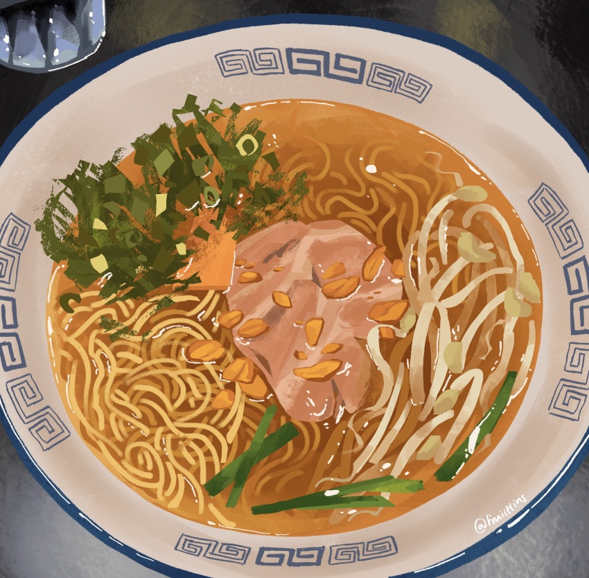 almond bean_stalk char-siu food food_focus from_above fruiitlins heimuer highres no_humans noodles on_table original qinghua_(porcelain) ramen soup spring_onion still_life table