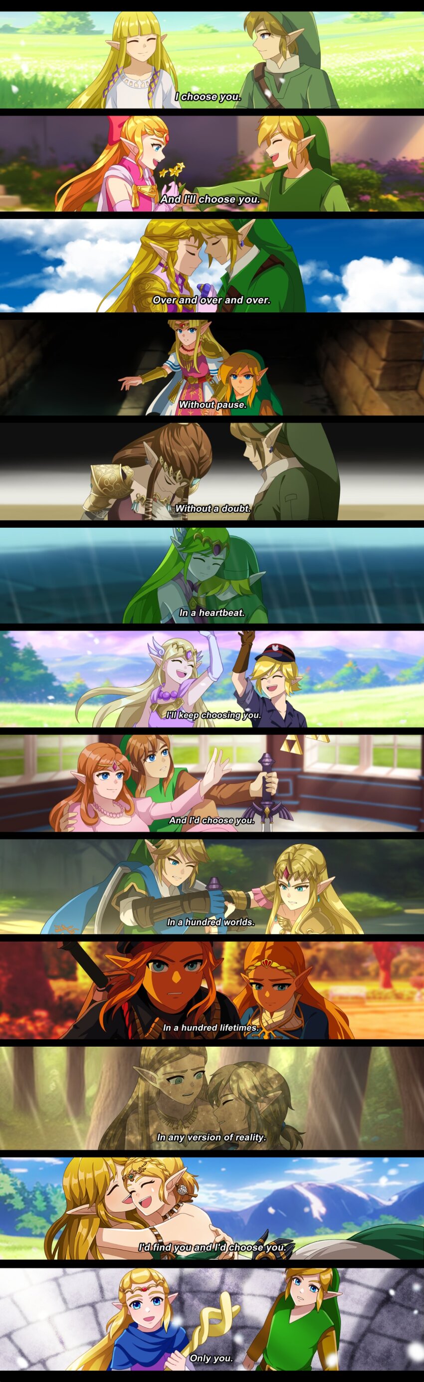 6+boys absurdres blonde_hair blue_eyes braid circlet cloak english_text fuwafuwallen green_thighhighs hashtag-only_commentary highres holding holding_staff hyrule_warriors jewelry link long_hair mage_staff multiple_boys multiple_girls nintendo official_alternate_costume official_alternate_hairstyle open_mouth pointy_ears princess_zelda smile staff subtitled the_legend_of_zelda the_legend_of_zelda:_a_link_between_worlds the_legend_of_zelda:_breath_of_the_wild the_legend_of_zelda:_echoes_of_wisdom the_legend_of_zelda:_four_swords the_legend_of_zelda:_ocarina_of_time the_legend_of_zelda:_skyward_sword the_legend_of_zelda:_spirit_tracks the_legend_of_zelda:_tears_of_the_kingdom the_legend_of_zelda:_the_wind_waker the_legend_of_zelda:_twilight_princess thighhighs toon_link toon_zelda tri_rod tunic