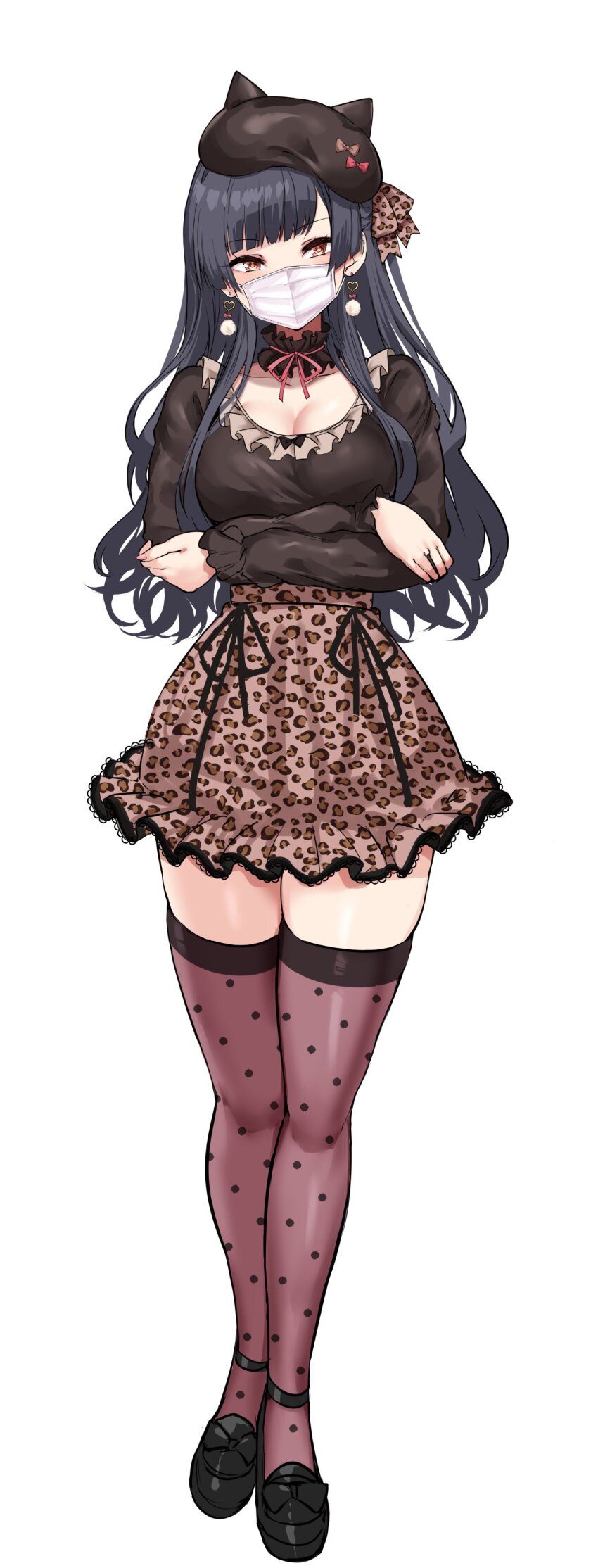 1girl absurdres agetama animal_print black_hair black_headwear black_shirt breasts choker cleavage crossed_arms earrings fake_horns fingernails frilled_choker frills full_body heart heart_earrings highres horned_headwear horns idolmaster idolmaster_shiny_colors jewelry large_breasts leopard_print long_hair looking_at_viewer mask mayuzumi_fuyuko mouth_mask neck_ribbon polka_dot_thighhighs pom_pom_(clothes) pom_pom_earrings print_skirt ribbon shirt simple_background skirt solo thighhighs very_long_hair white_background white_mask zettai_ryouiki