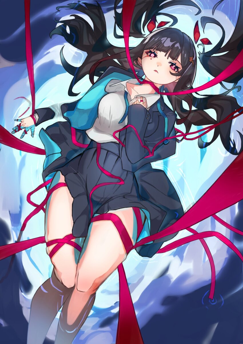 1girl black_jacket black_skirt blazer blue_jacket blue_ribbon brown_hair closed_mouth collared_shirt flower-shaped_pupils frown hair_ornament hair_spread_out hairclip hand_on_own_chest high-waist_skirt highres honkai:_star_rail honkai_(series) in_water jacket kanana_no_e knees_together_feet_apart long_hair lying miniskirt neck_ribbon on_back open_clothes open_collar open_jacket partially_submerged pink_eyes pleated_skirt red_ribbon ribbon ripples school_uniform shirt skindentation skirt solo sparkle_(honkai:_star_rail) sparkle_(school_uniform)_(honkai:_star_rail) straight_hair symbol-shaped_pupils thick_thighs thighs two-sided_fabric two-sided_jacket water white_shirt