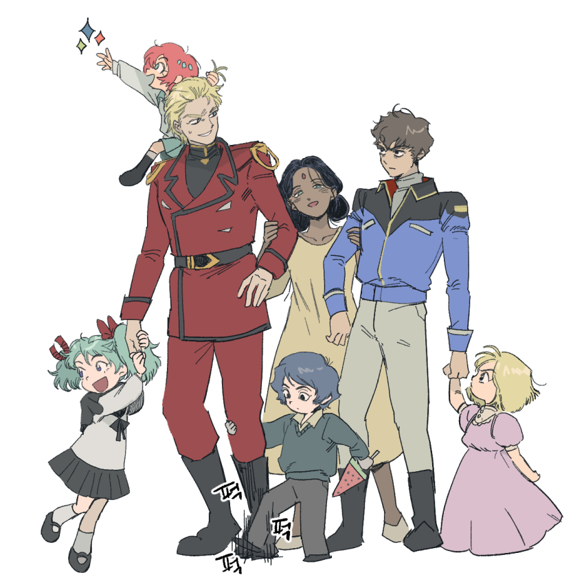 3boys 4girls aged_down amate_yuzuriha amuro_ray aqua_eyes artesia_som_deikun baegopayohungry bindi black_eyes black_hair blonde_hair blue_eyes blue_hair brother_and_sister brown_hair char&#039;s_counterattack char_aznable child dark-skinned_female dark_skin double_bun dress full_body glaring green_eyes green_hair gundam gundam_gquuuuuux hair_bun highres holding_hands in-franchise_crossover jacket kamille_bidan lalah_sune military_jacket military_uniform mobile_suit_gundam multiple_boys multiple_girls on_shoulder open_mouth pants quess_paraya red_hair shirt shoes short_hair siblings simple_background skirt smile standing sweatdrop sweater white_background zeta_gundam